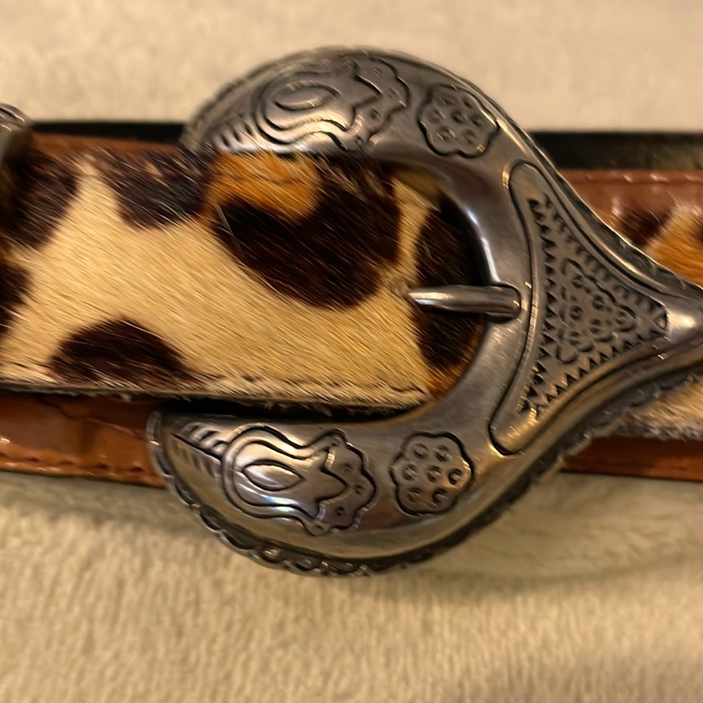 Vintage Brown Leather Belt w/ Horsehair, Silver Hardware & Turquoise